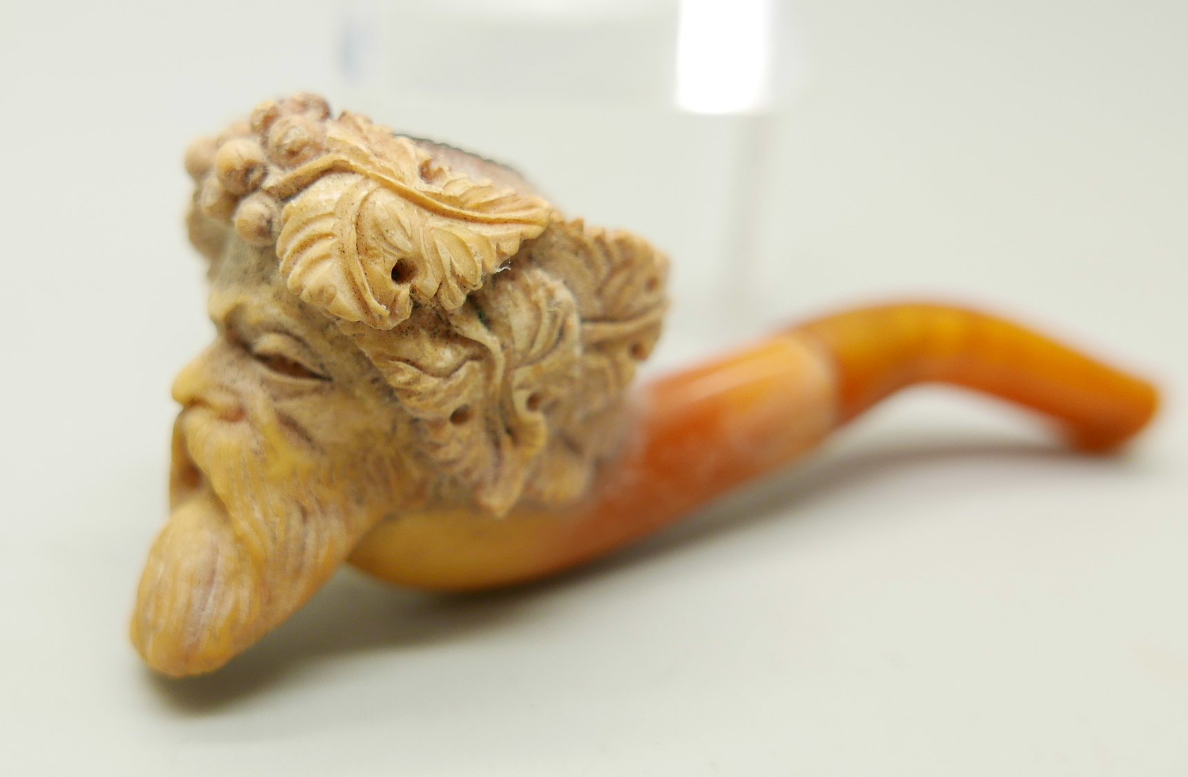 Two carved Meerschaum pipes, one with head of an African man and one of a Greek god - Image 2 of 8