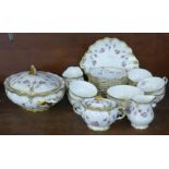 A Royal Crown Derby Antoinette tea set with oval tureen, 2 x cream and sugar and bread and butter