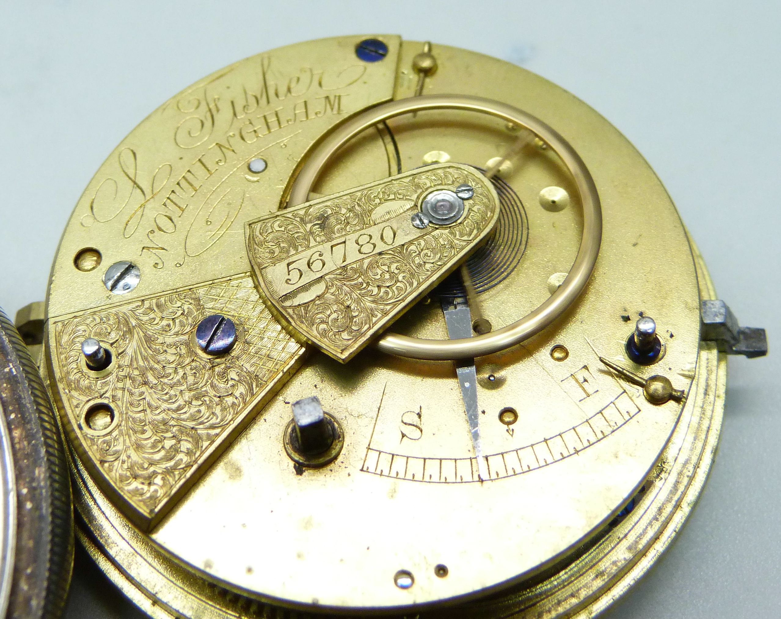 A silver pocket watch, Fisher, Nottingham, movement hinge requires repair - Image 5 of 5