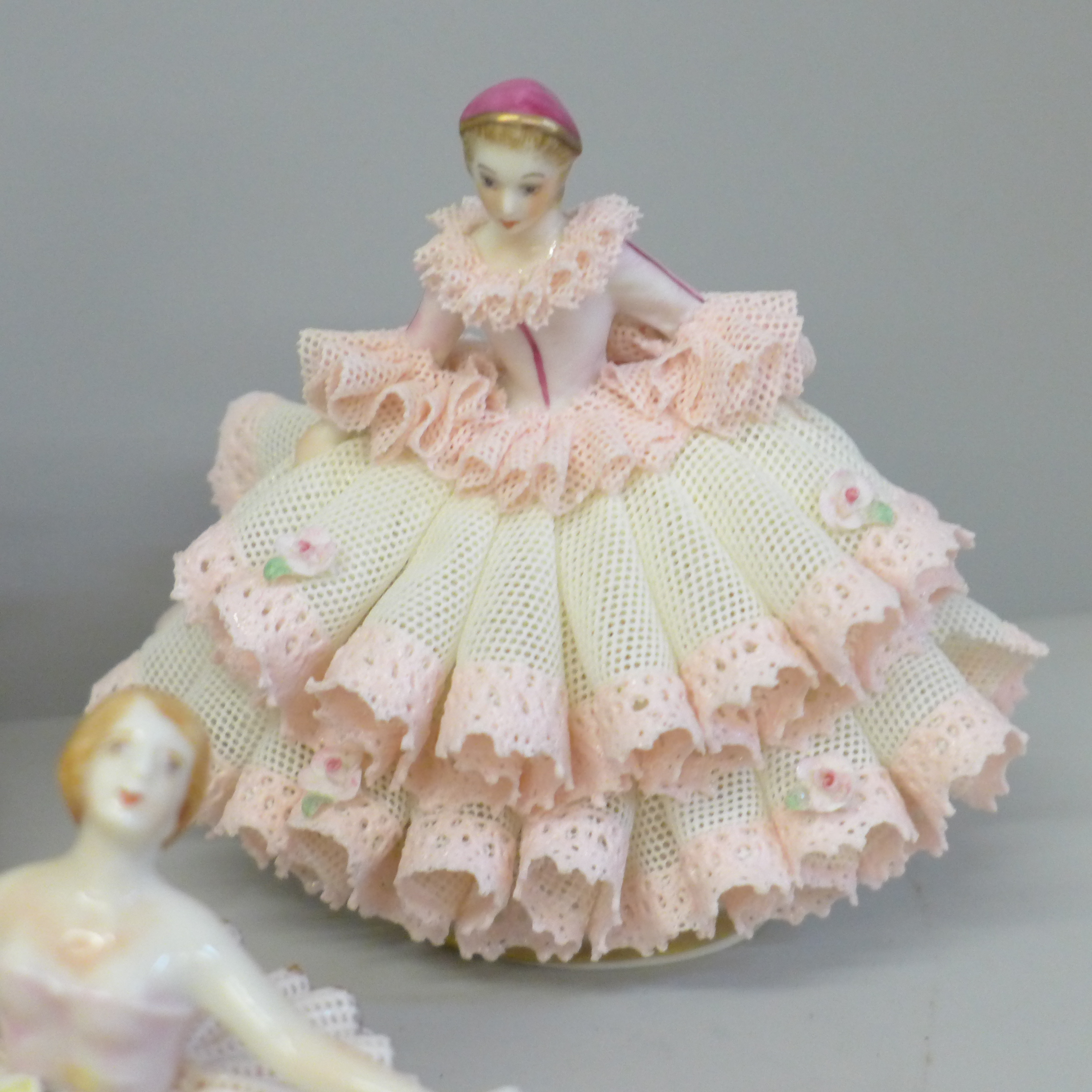 An Irish Dresden Pamela figure; three Capodimonte ballet dancer figures and a beaded lady in dress - Image 3 of 3