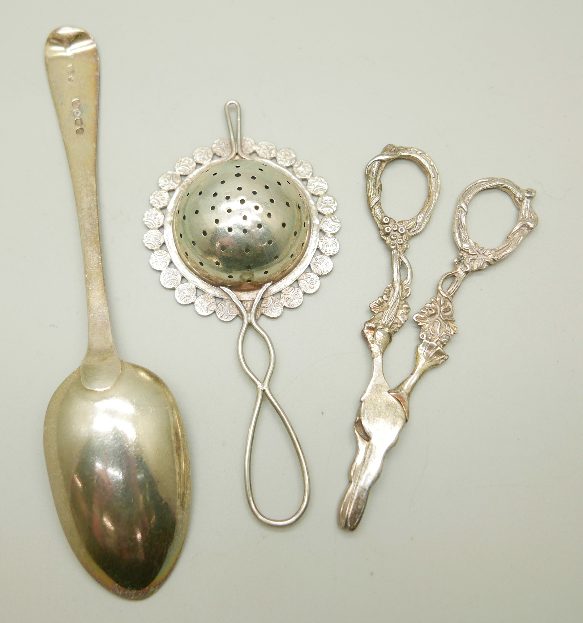A Victorian silver spoon by George Adams, a strainer and a pair of silver grape scissors, (spoon and - Image 3 of 6