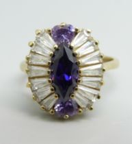 A 9ct gold, white and amethyst stone Art Deco style ring, 3.4g, L