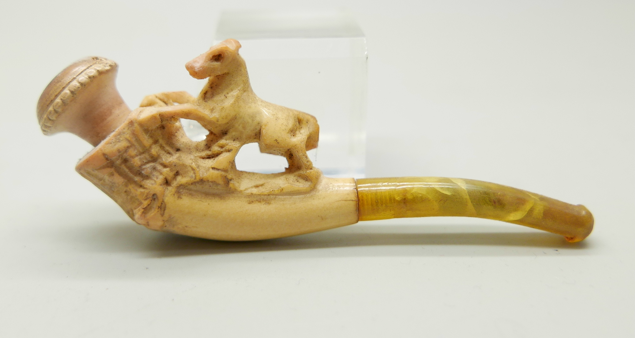 Three small hand carved Meerschaum pipes, two with horses and one with a pair of stags, amber stems, - Image 2 of 12