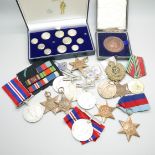 WWII medals, other medals, etc., including a WWI Victory medal to 4298 Pte F Lutkin Camb R