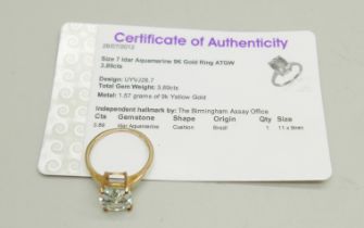 A 9ct gold and aquamarine set ring, with certificate, 2.3g, N/O