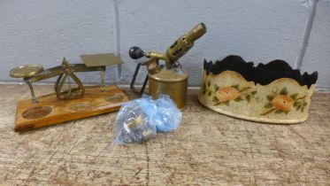 A set of postal scales with weights, a Sievert blow lamp and a painted tin plate planter