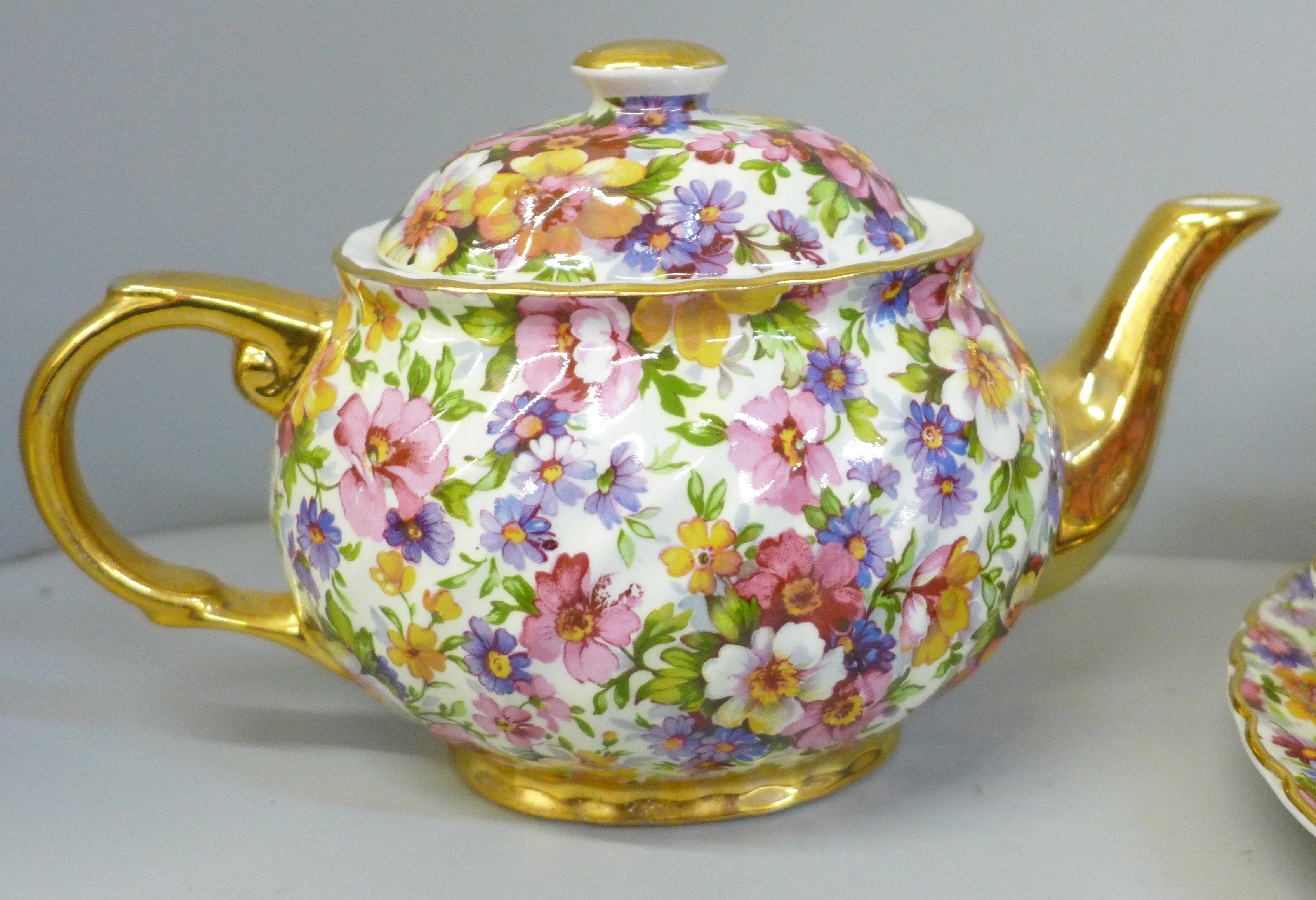 A James Kent chintz teaset for one, a Du Barry pattern chintz teapot, cream jug, sugar bowl, side - Image 3 of 5