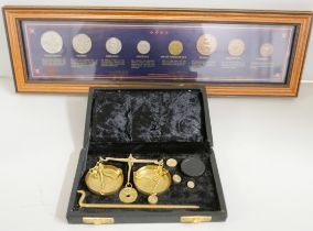 A set of apothecary scales and a framed set of pre-decimal coins, Sterling Collections