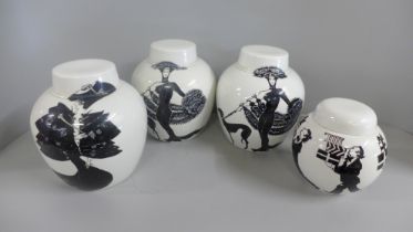 Four Burleigh Ironstone ginger jars, decorated with Art Deco and other figures