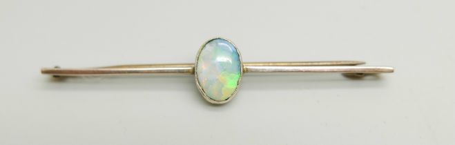 A yellow metal and opal brooch, 3.1g, opal 7mm x 11mm