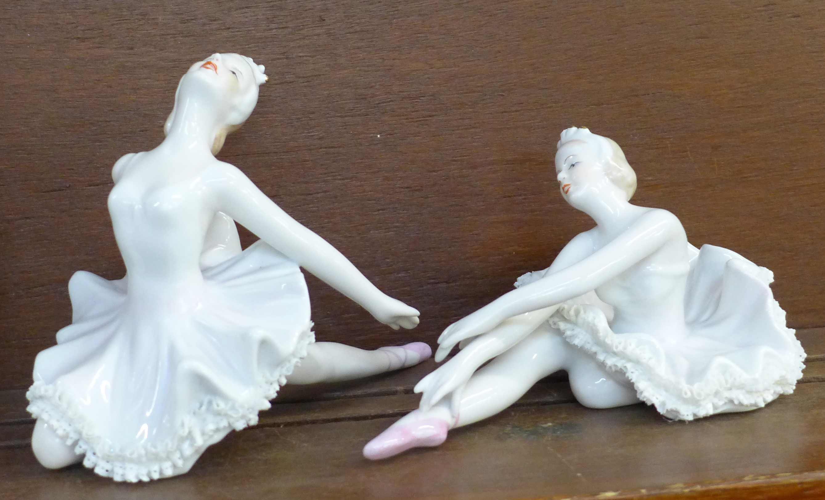 Three Dresden Germany ballerina and a Coalport Sporting Elements Stretching The Limits figurine - Image 3 of 3