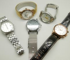 Five wristwatches, Seiko, Ingersoll, Emporio Armani, Sekonda and Citizen