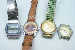 Four wristwatches including Cyma Triplex and Bentley Deluxe, a/f
