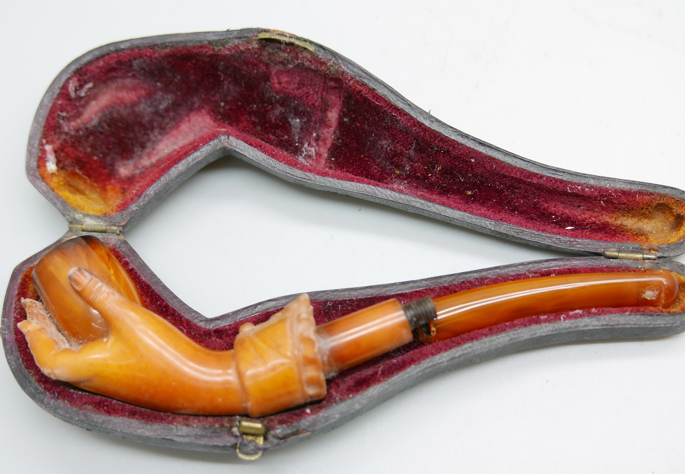 Two hand carved Meerschaum pipes in the form of a lady's hand in glove, the larger pipe with - Image 7 of 8