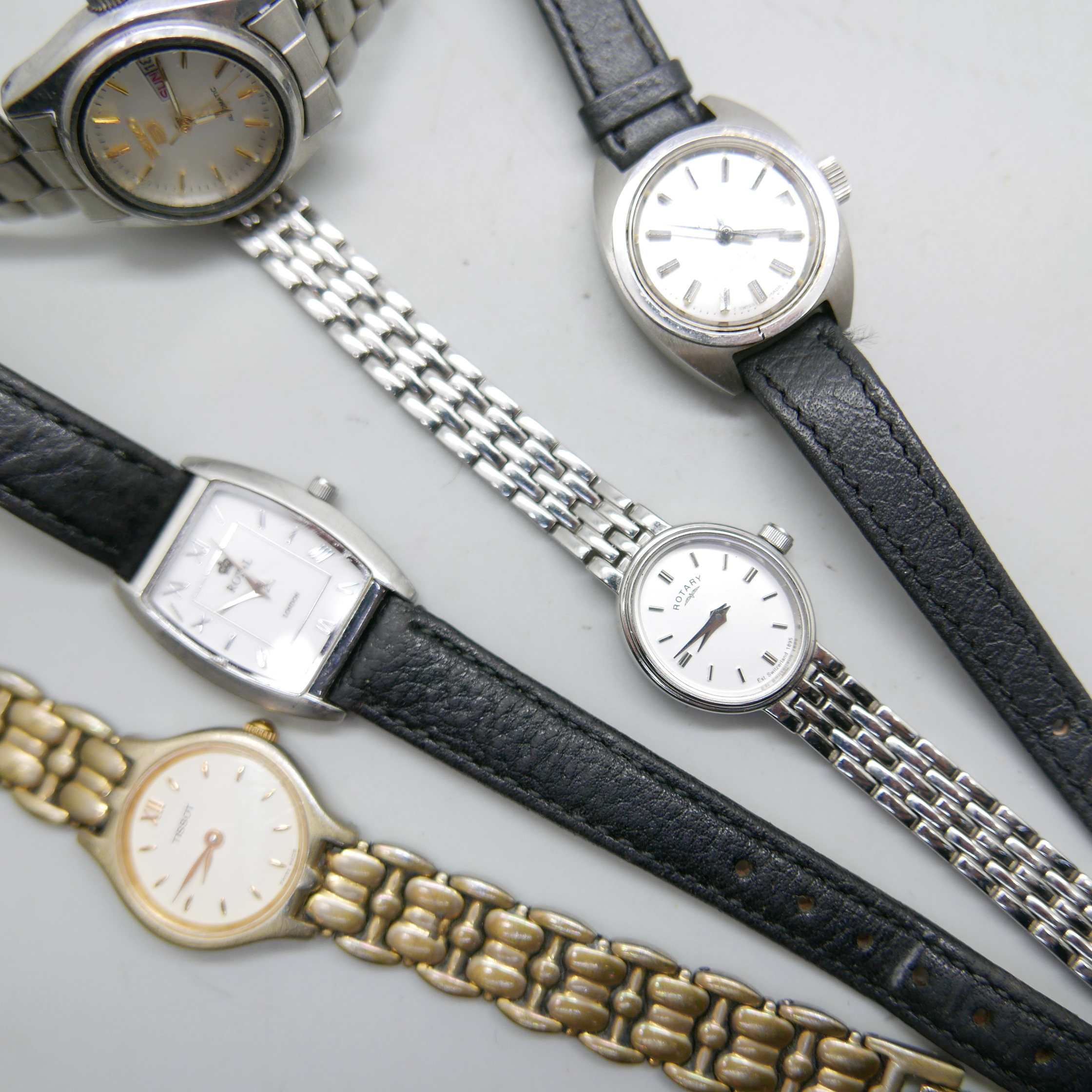 Five lady's wristwatches, Seiko 5 automatic, Tissot automatic Sea Star, a Tissot quartz, a Rotary - Image 2 of 3
