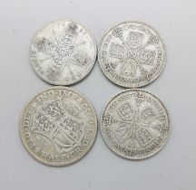 A 1930 half crown, a 1925 florin and two 1932 florins, 46.9g