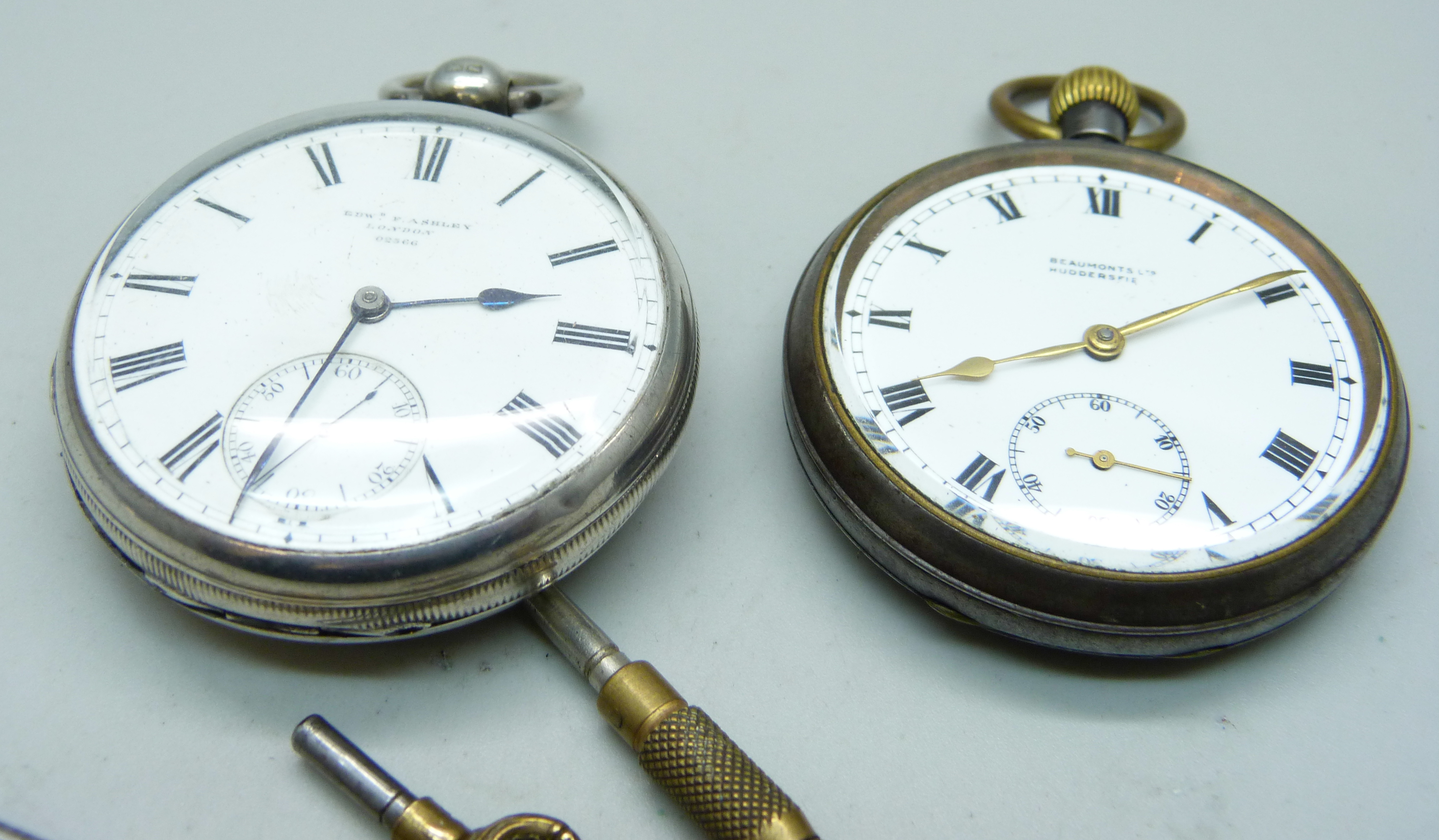 Two pocket watches, one silver cased by Edward F. Ashley and one gun metal cased by Beamonts - Image 2 of 3