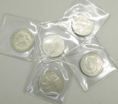 Five silver florins, 1931, 1933, 1937 and 1940 (all uncirculated) and rare 1925