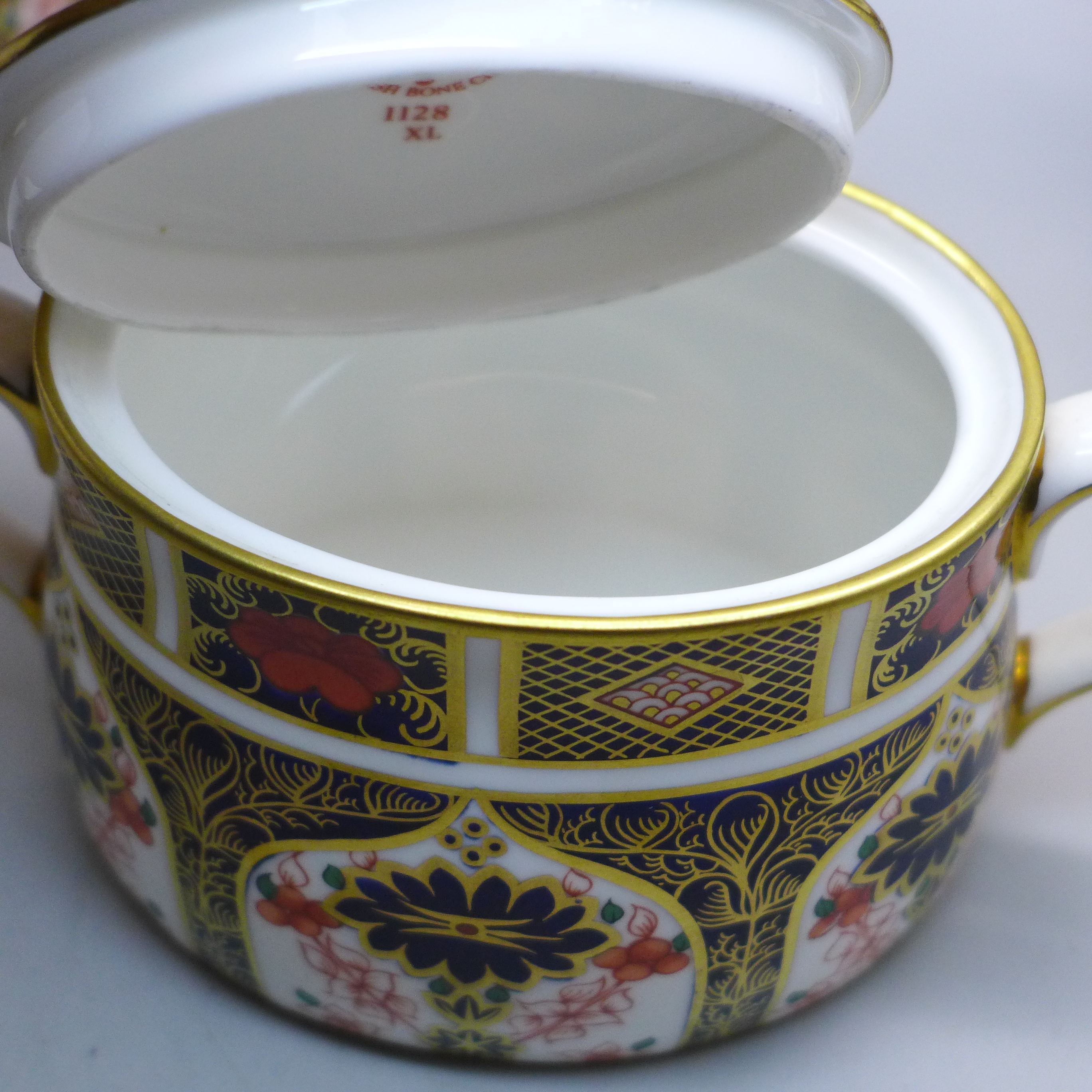 A Royal Crown Derby 1128 Imari pattern cream jug and sugar (x2), smaller milk jug second - Image 3 of 7