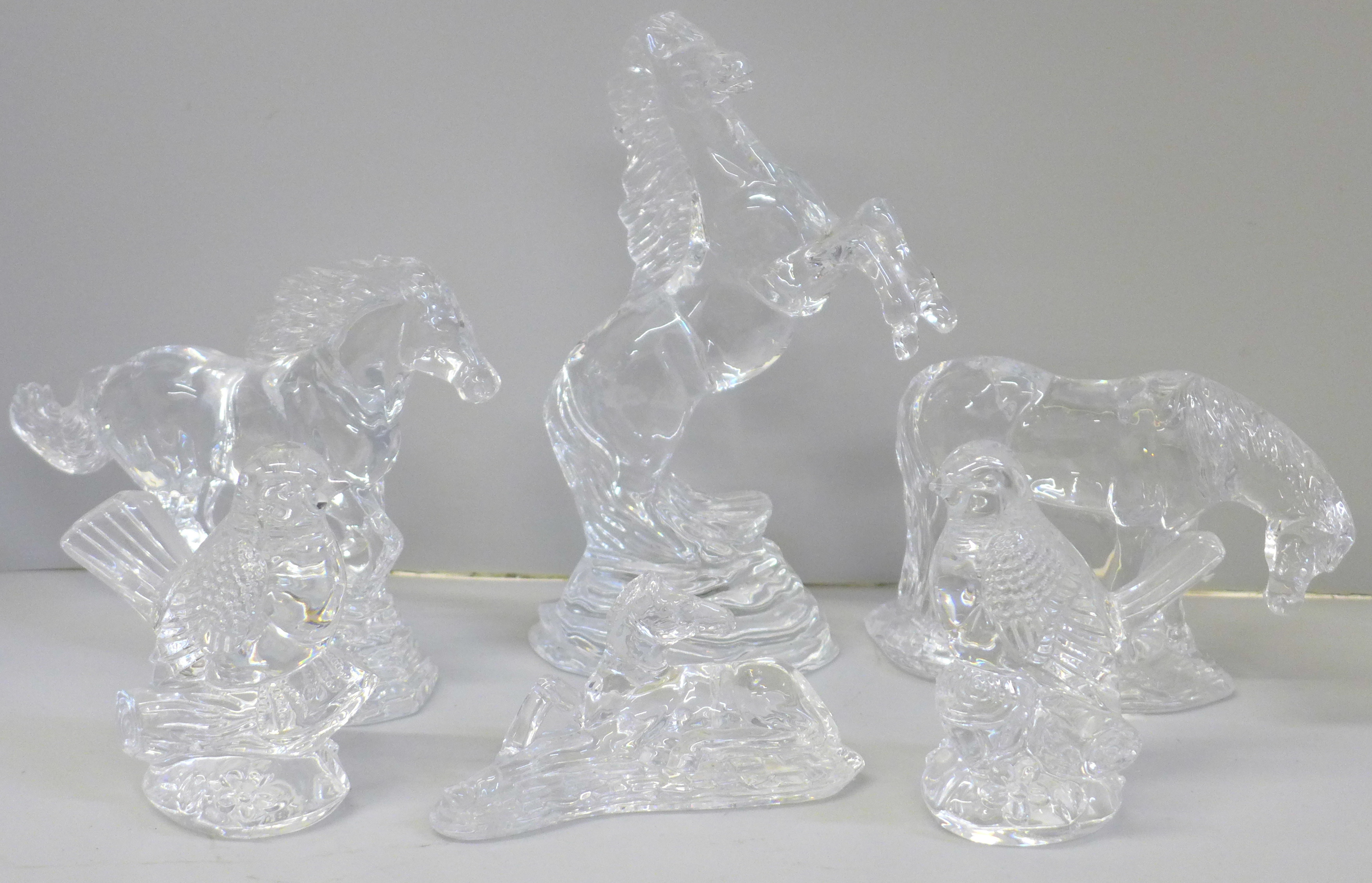 Six Waterford Crystal animal sculptures, Rearing Horse, Galloping Horse, Horse Grazing and Laying