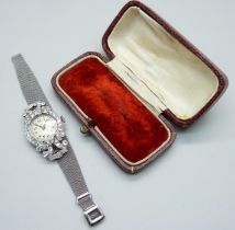 A lady's Art Deco platinum and diamond set cocktail wristwatch, inscription to case back 'D.M.S. 2: