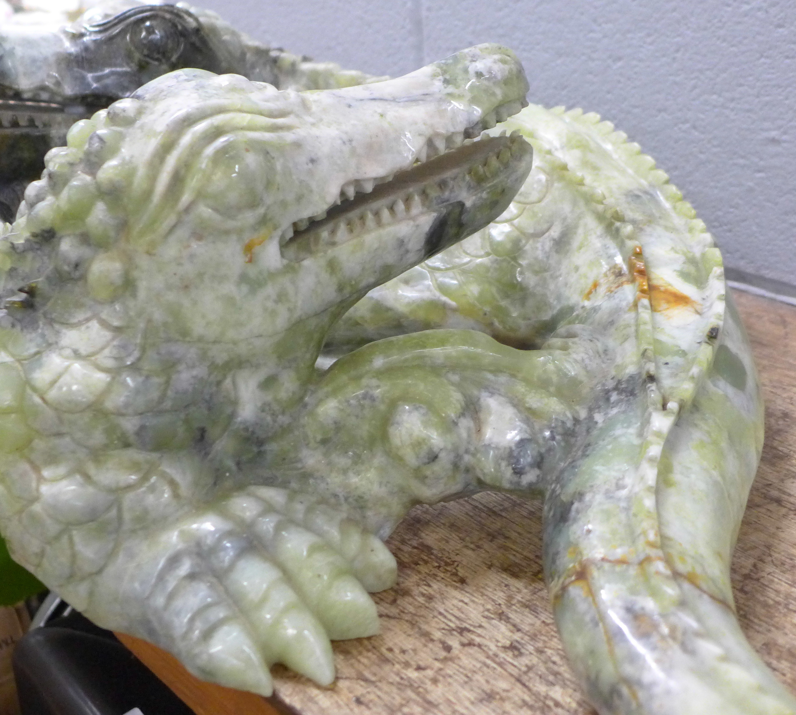 A large carved Chinese jade model of two entwined crocodiles, tail and back claw a/f, 66cm, 35kg ** - Image 6 of 9