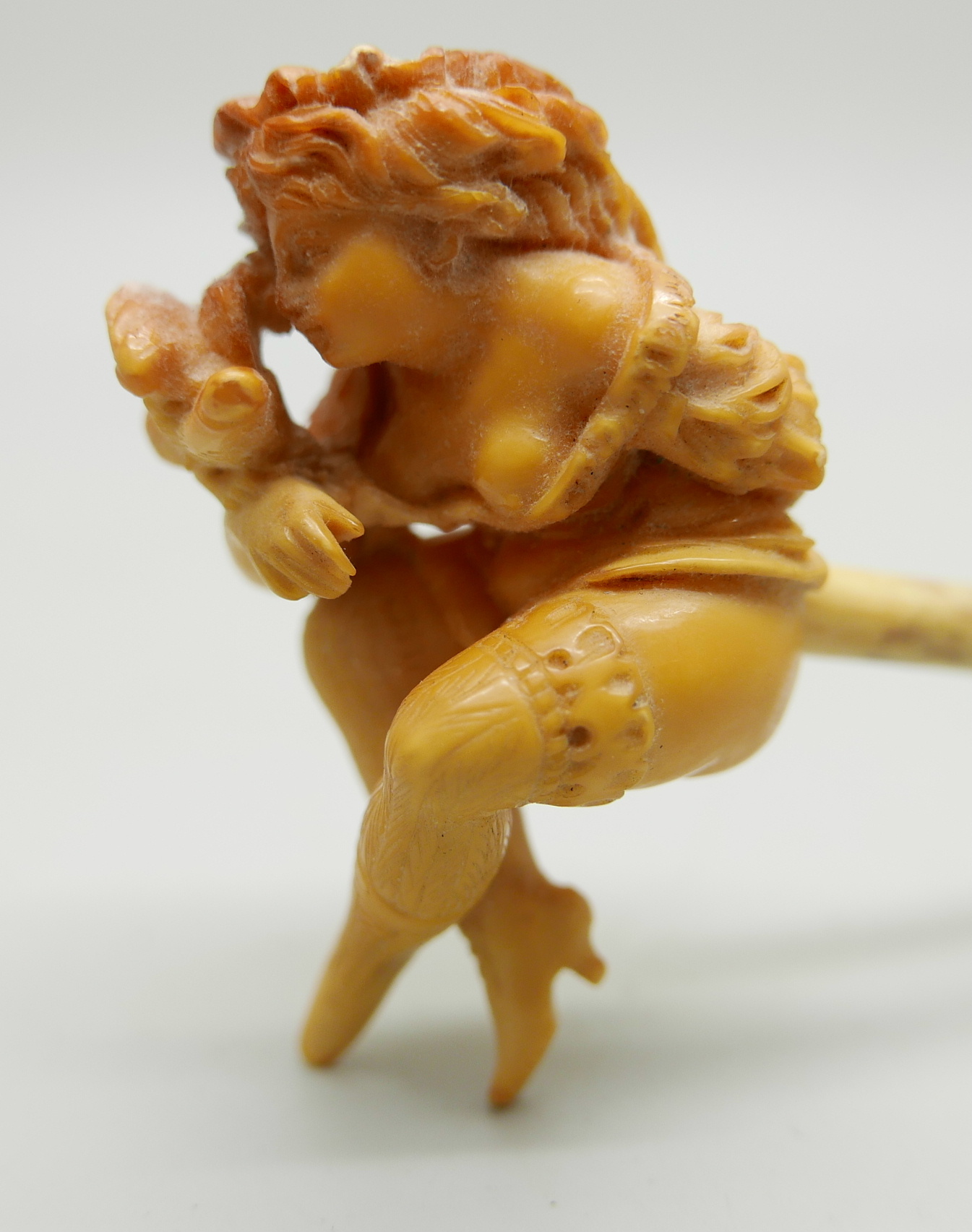 A carved Meerschaum pipe of a scantily clad young lady, with bone stem separate, cased - Image 2 of 7