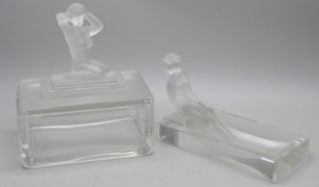 A Desna crystal cigarette box with model of a female nude to the lid and a small crystal tray with