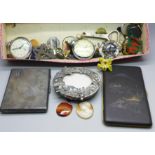 An EPNS and Japanese cigarette cases, Smiths and Ingersoll pocket watches, cameo and micro-mosaic