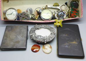 An EPNS and Japanese cigarette cases, Smiths and Ingersoll pocket watches, cameo and micro-mosaic