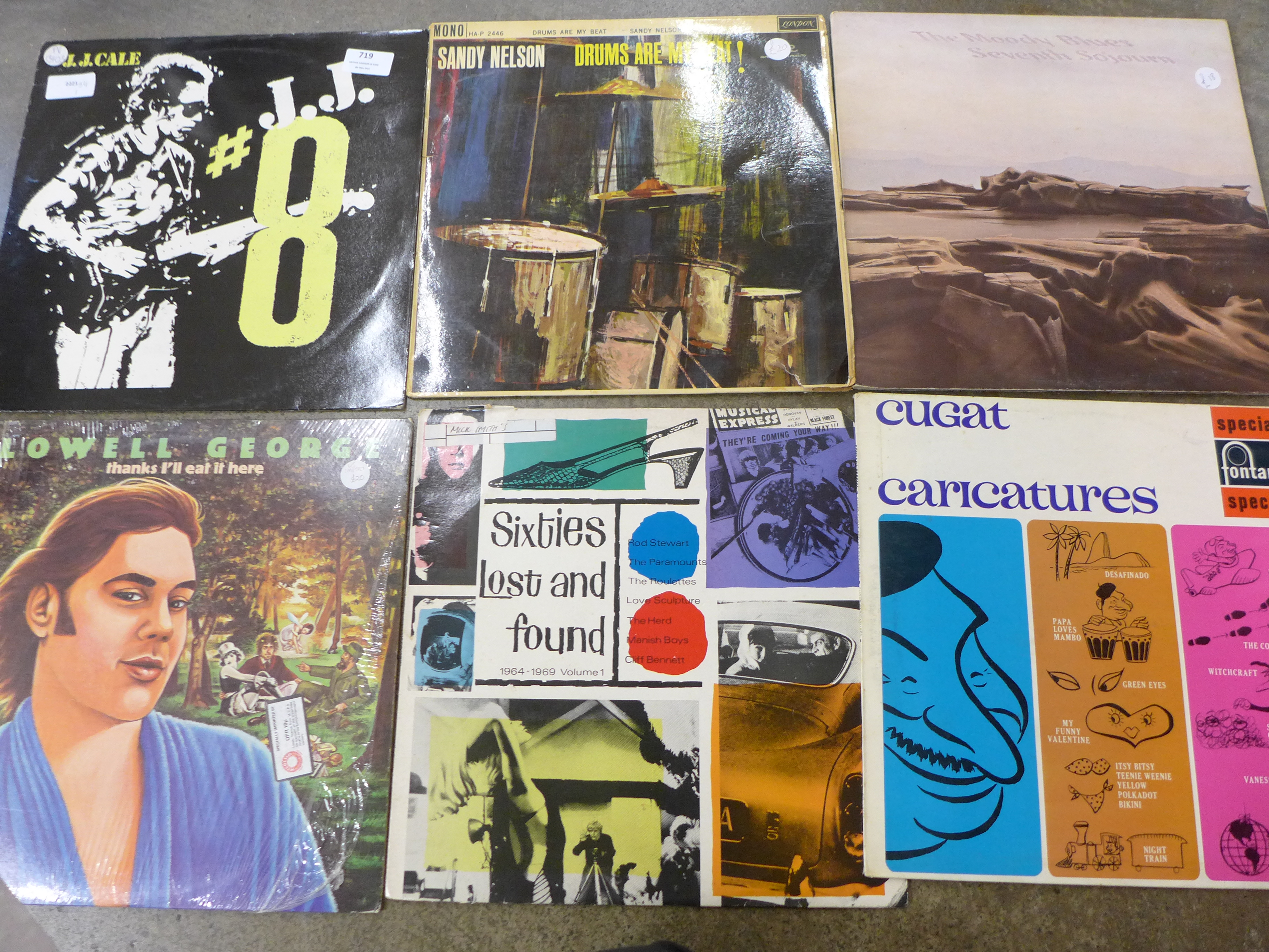 A box of LP records, J J Cale, Sandy Nelson, Frank Sinatra, etc.