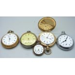 Five pocket watches including a plated Waltham Traveler, one silver cased and a fob watch, (5)