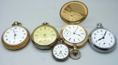 Five pocket watches including a plated Waltham Traveler, one silver cased and a fob watch, (5)
