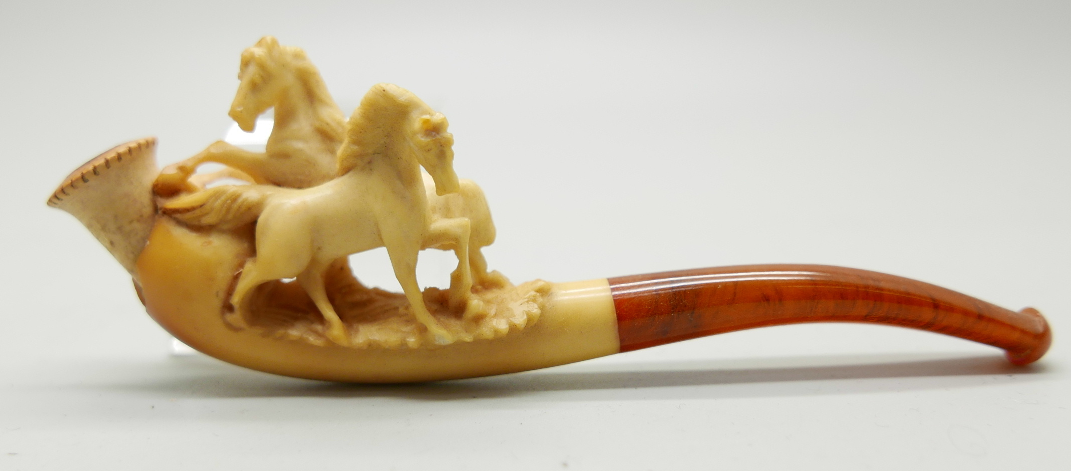 Three small hand carved Meerschaum pipes, two with horses and one with a pair of stags, amber stems, - Image 4 of 12