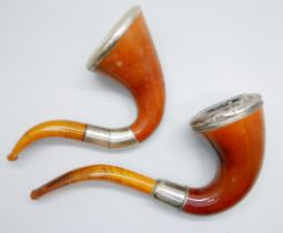 Two Calabash pipes with silver mounts and amber stems, cased