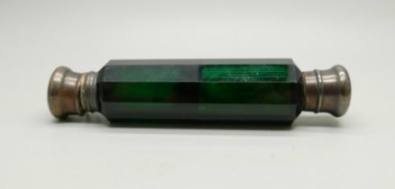 A 19th Century double ended deep green glass scent bottle, (hinged lid requires small repair), 13.