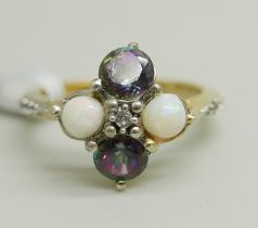 A silver gilt, mystic topaz and opal cluster ring, K