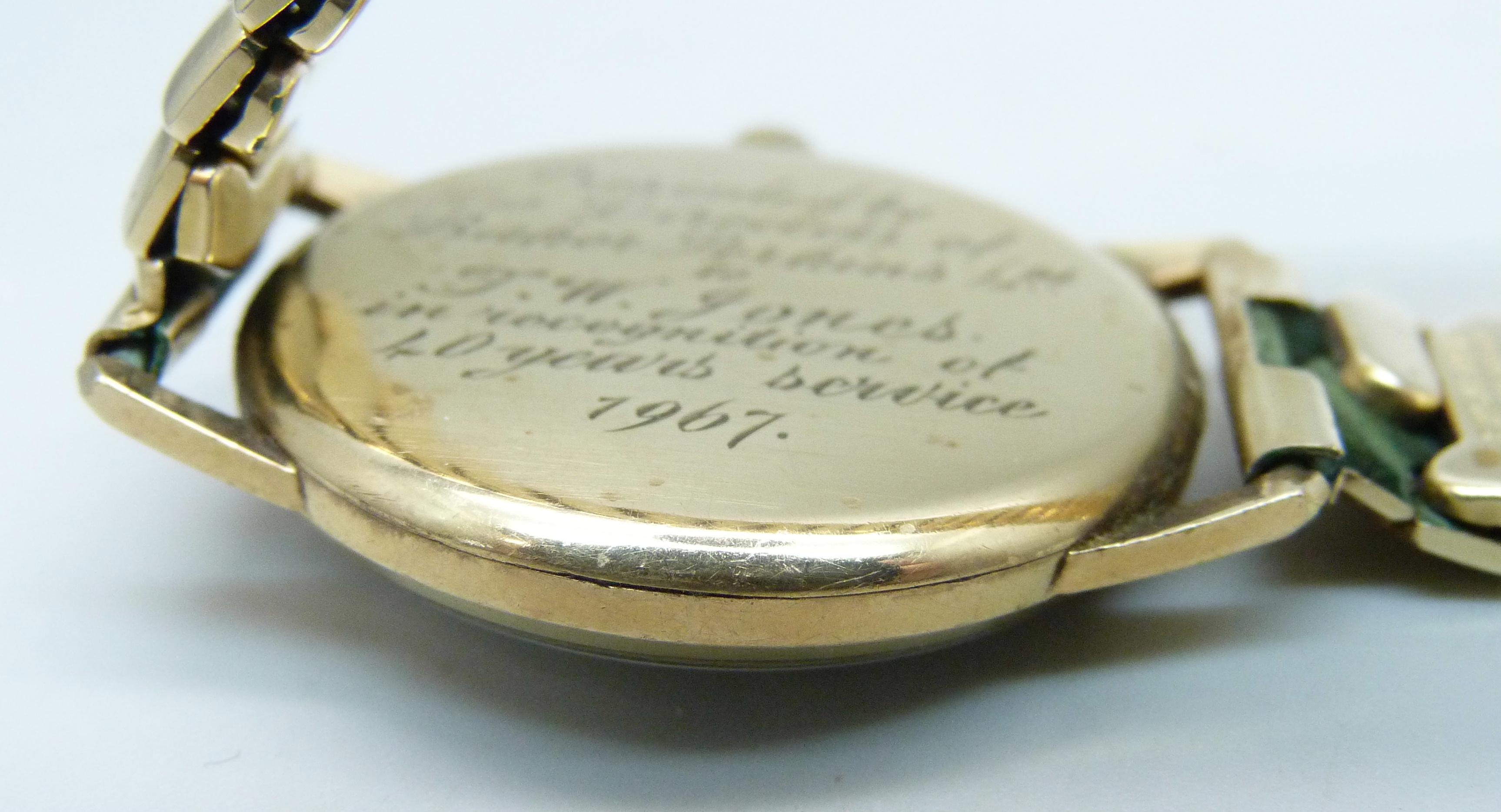 A 9ct gold cased Longines wristwatch, the case back bears inscription dated 1967, 32mm case - Image 4 of 5