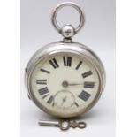 A silver pocket watch, Fisher, Nottingham, movement hinge requires repair