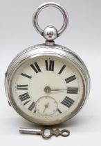 A silver pocket watch, Fisher, Nottingham, movement hinge requires repair