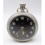 An Elgin pocket watch with black dial and screw back