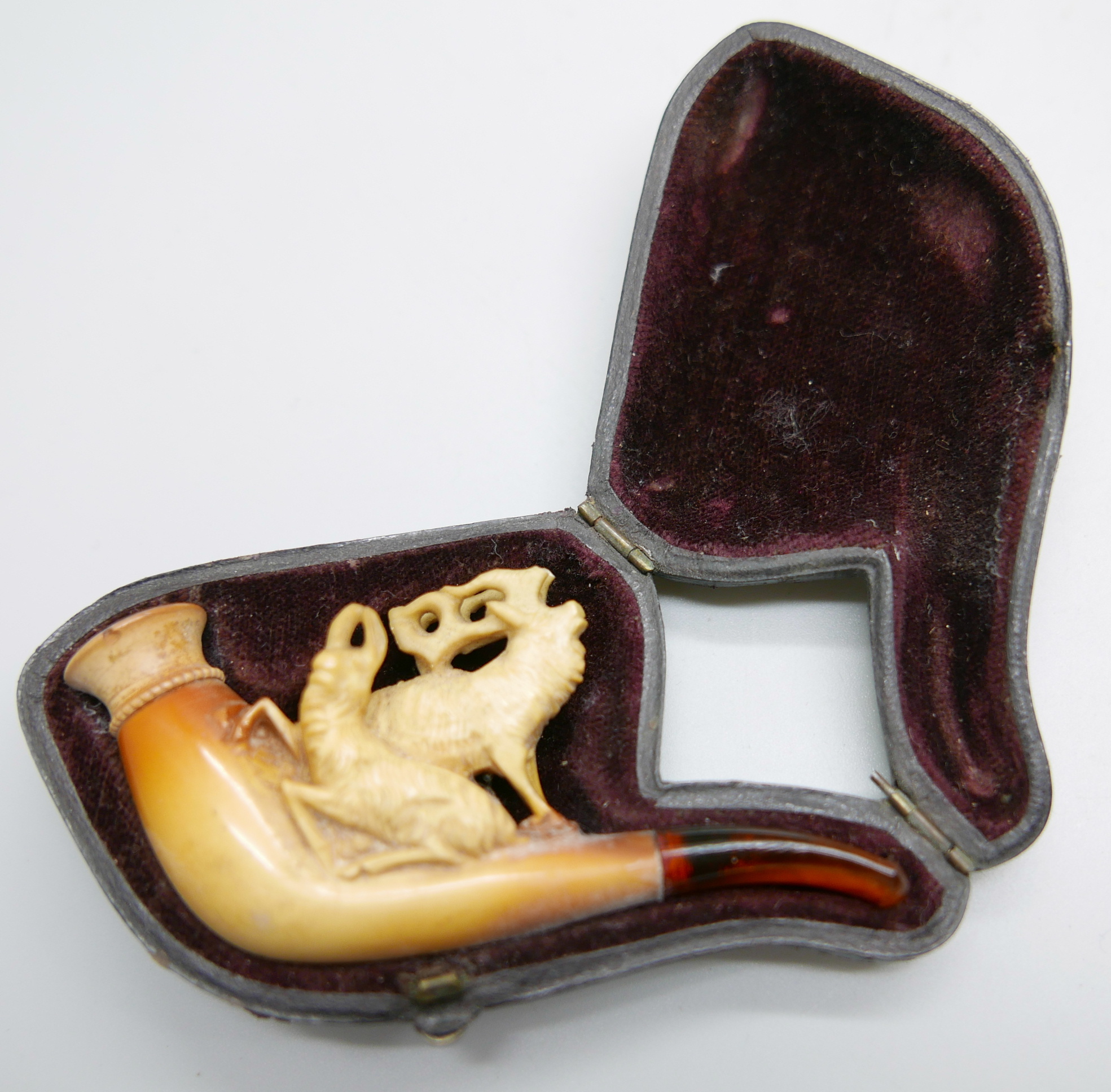 Three small hand carved Meerschaum pipes, two with horses and one with a pair of stags, amber stems, - Image 12 of 12