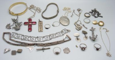 A collection of silver jewellery, etc., including a Victorian silver anchor brooch, large silver