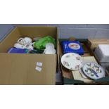 Two boxes of mixed china, Aynsley, Royal Worcester egg cups, Goebel plates, Wedgwood Jasperware