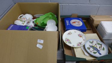 Two boxes of mixed china, Aynsley, Royal Worcester egg cups, Goebel plates, Wedgwood Jasperware