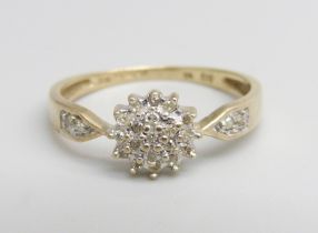 A 9ct gold and diamond ring, 1.5g, M