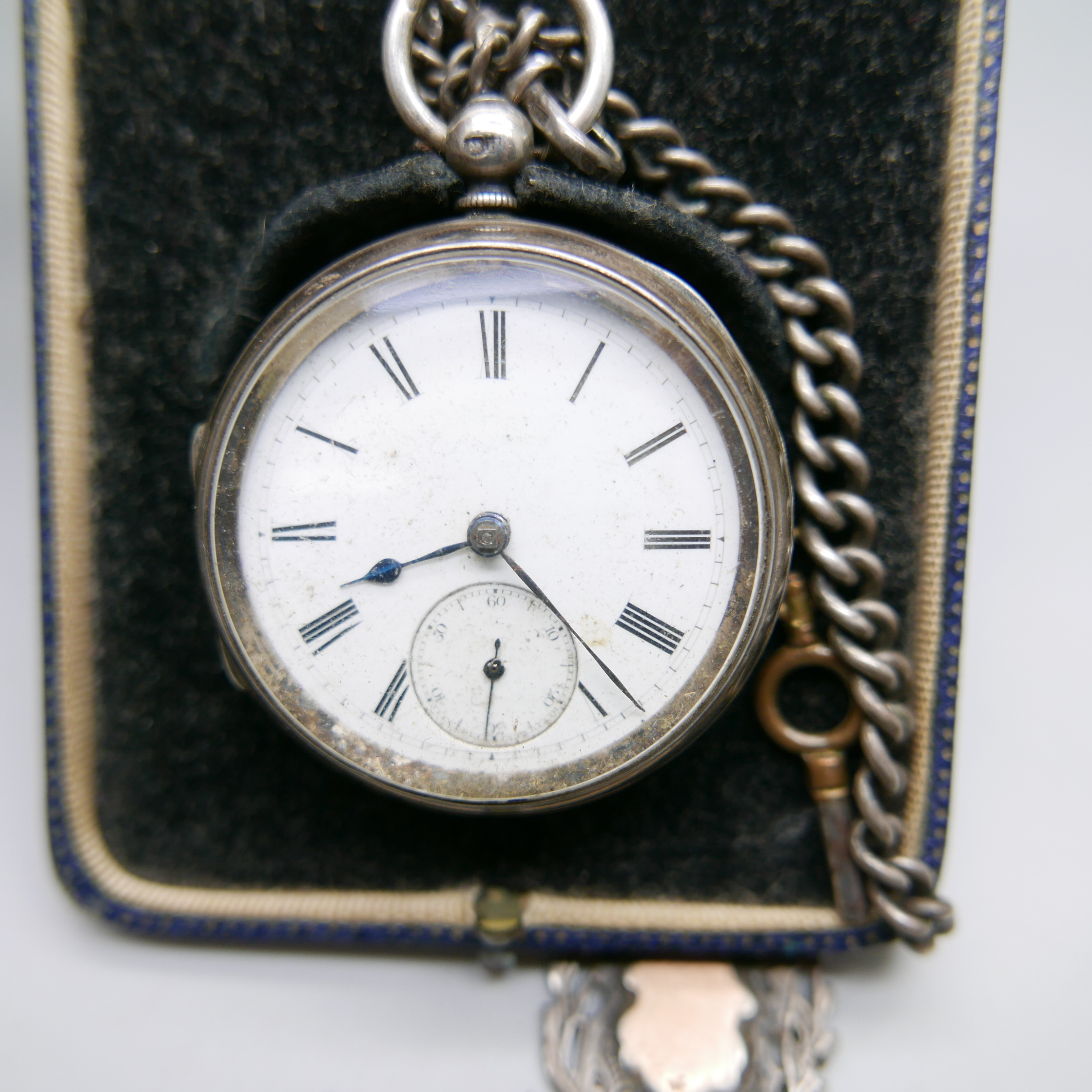 A silver pocket watch, a silver Albert chain, fob and key, boxed - Image 7 of 7
