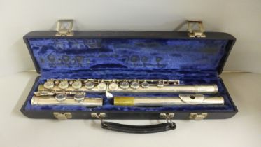 A silver plated flute, Gemeinhardt, cased