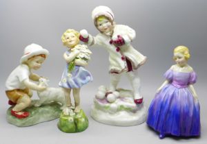 A Royal Doulton figure, Marie, HN1370 and three Royal Worcester figures modelled by F.G. Doherty,