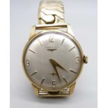A 9ct gold cased Longines wristwatch, the case back bears inscription dated 1967, 32mm case